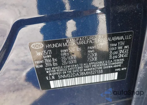2021 Hyundai Santa Fe Sel from USA, damaged, VIN 5NMS2DAJ8MH327138